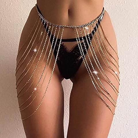 Carufin Crystal Waist Chain Gold Multi-layer Tassel Body Chains Sexy Bikini Chain Jewelry Nightclub Body Accessory Adjustable for Women and Girls Cover