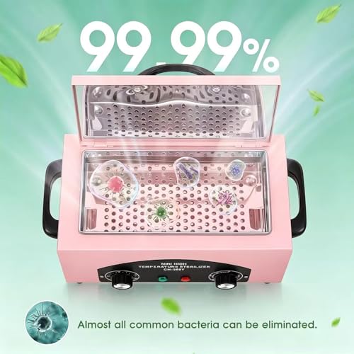High Temperature Metal Cleaning Box,Misforu 1.5L Dry Heat Cabinet High Temp with Stainless Tray Timer and Handle for Nail Art Tool Salon Hairdressing Tool Earrings 300W (Pink) - Imagem 5