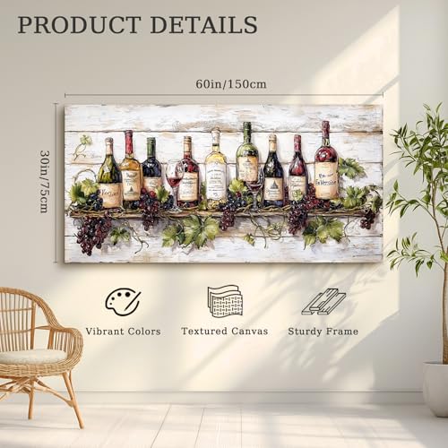 crmotu Still Life Kitchen Wall Art, Wine Bottle Extra Large Artwork, French Country Home Bar Decor Paintings, Modern Home Wall Decor Dining Room Wine Cellar Canvas Art Prints Ready to Hang 30x60inch