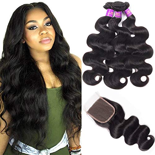 Brazilian Body Wave With Closure Natural Color 100% Unprocessed Brazilian Virgin Hair With Closure 3 Bundles Human Hair Weave With Lace Closure (12 14 16+12 Free Part)