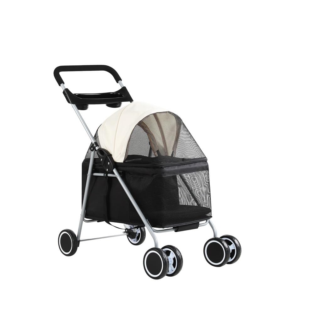 Emily Pets 4-Wheel Pet Stroller for Small Medium Dogs & Cats – Foldable, Waterproof Travel Carrier with Cup Holder, Removable Liner, Portable Dog Stroller, Black-White-image-11