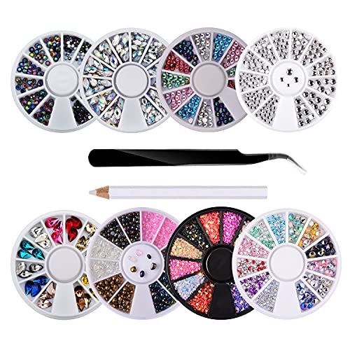 8 Boxes Nagel Kunst Strass, Mix GröÃe Nagel Perlen Glitter Strass Stein,3D Nagel Dekoration mit 1 Stück Wachs Stift Strass Picker und Pinzette,DIY Handwerk Schmuck Kleidung Nail Art Strass
