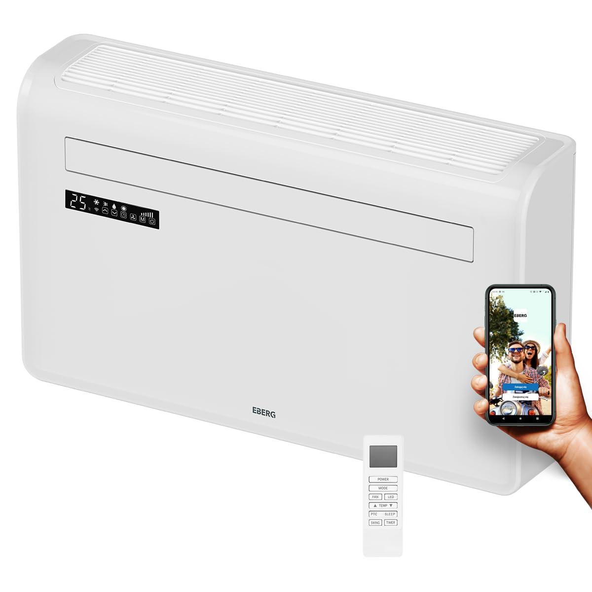 EBERG MONOBOX MB10S1 klimatyzator ścienny monoblok 10000 BTU, bez jednostki zewnętrznej, WiFi, grzanie, osuszacz, klimatyzacja ścienna z funkcją ogrzewania, biały