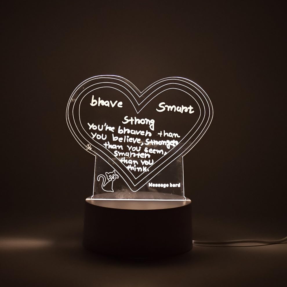 Image of Madhabi 3D Acrylic Heart LED Night Lamp with Marker Pen - USB Powered Creative Message Board Light for Bedroom, Living Room, Study Desk, Office Decoration and Gifting (1 Pc)