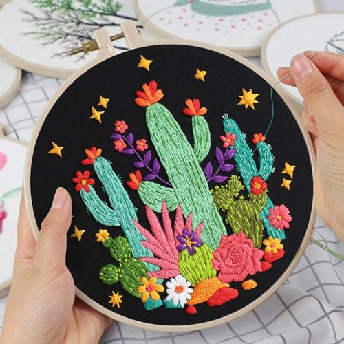 Image of Louise Maelys Cactus Embroidery Kit, Cross Stitch Kit for Beginner Adults | Cactus Embroidery Starter Kit With Stamped Fabric, Hoop, Threads, Needles And Instructions For Adults DIY Cross Stitch Craft