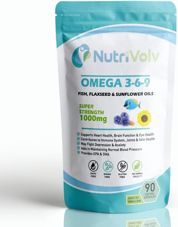 Omega 3-6-9 | Triple Strength | Fish Oil & Flaxseed Oil Blend | High EPA & DHA | Heart Health, Brain Function & Eye Health | Essential Fatty Acids - 90 Gelatine Softgels