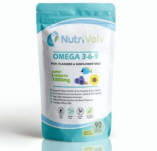 Nutrivolv Omega 3-6-9 | Triple Strength | Fish Oil & Flaxseed Oil Blend | High EPA & DHA | Heart Health, Brain Function & Eye Health | Essential Fatty Acids - 90 Gelatine Softgels