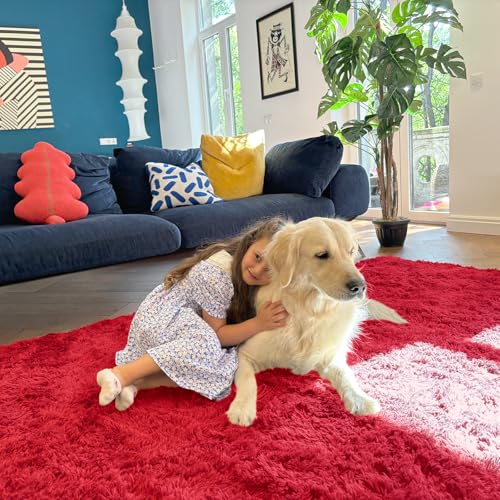 OLANLY 2x5 Machine Washable Runner Rugs for Hallway, Soft Fluffy Shaggy Bedside Rugs for Bedroom, Living Room, Indoor Floor Carpet for Kids Girls and Boys, Nursery Rooms, Home Decor Aesthetic, Red