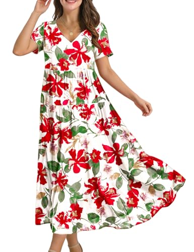 Image of YESNO Women's Summer Maxi Dresses Casual Floral Short Sleeve V Neck Boho Beach Vacation Swing Dress with Pockets EVF