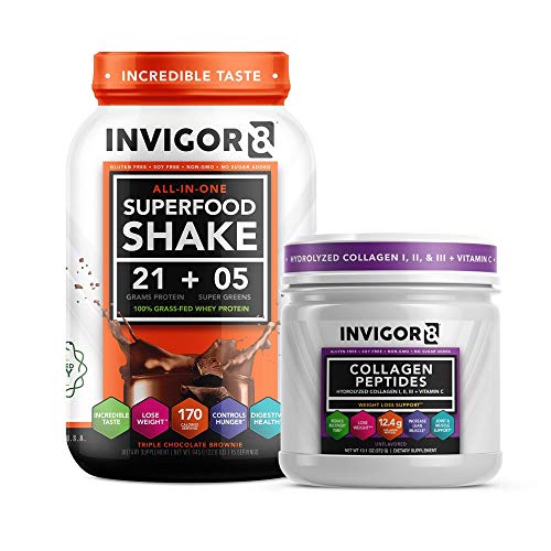 INVIGOR8 Superfood Shake (Chocolate Brownie)Whey Protein Shake + Collagen Peptides Weight Loss Formula with Hydrolyzed Collagen Types I, II, & III + Vitamin C Unflavored