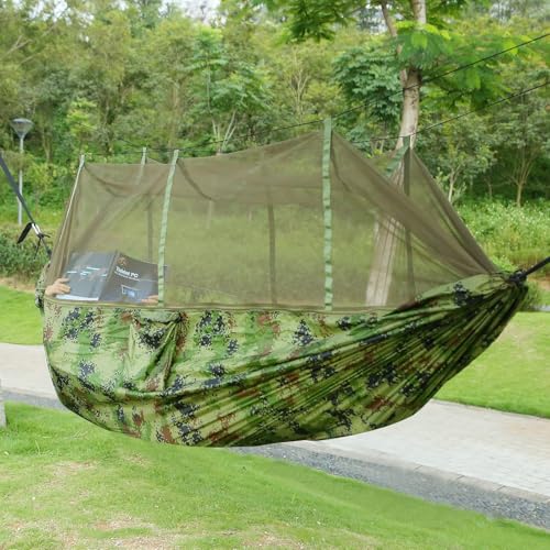 Rugged Portable Double Camping Hammock with Mosquito Net, 600lbs Load 2 Persons Hammock Outdoor Hiking Camping Portable Nylon Swing Hanging Bed with Strap Hook Carry Bag - Camouflage Design