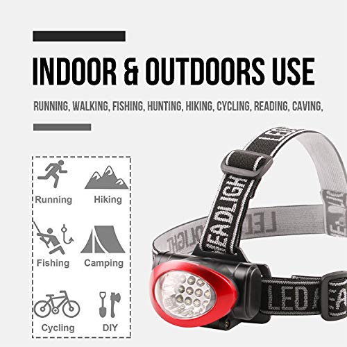 Lichamp Headlamp, 10 Pack 12 LED 3 Mode Portable Head Lamp Flashlight, Outdoor Lightweight Durable Headlight for Running, Camping, Reading, Fishing, Hunting, Walking, Jogging, Black + Red Color - Image 5