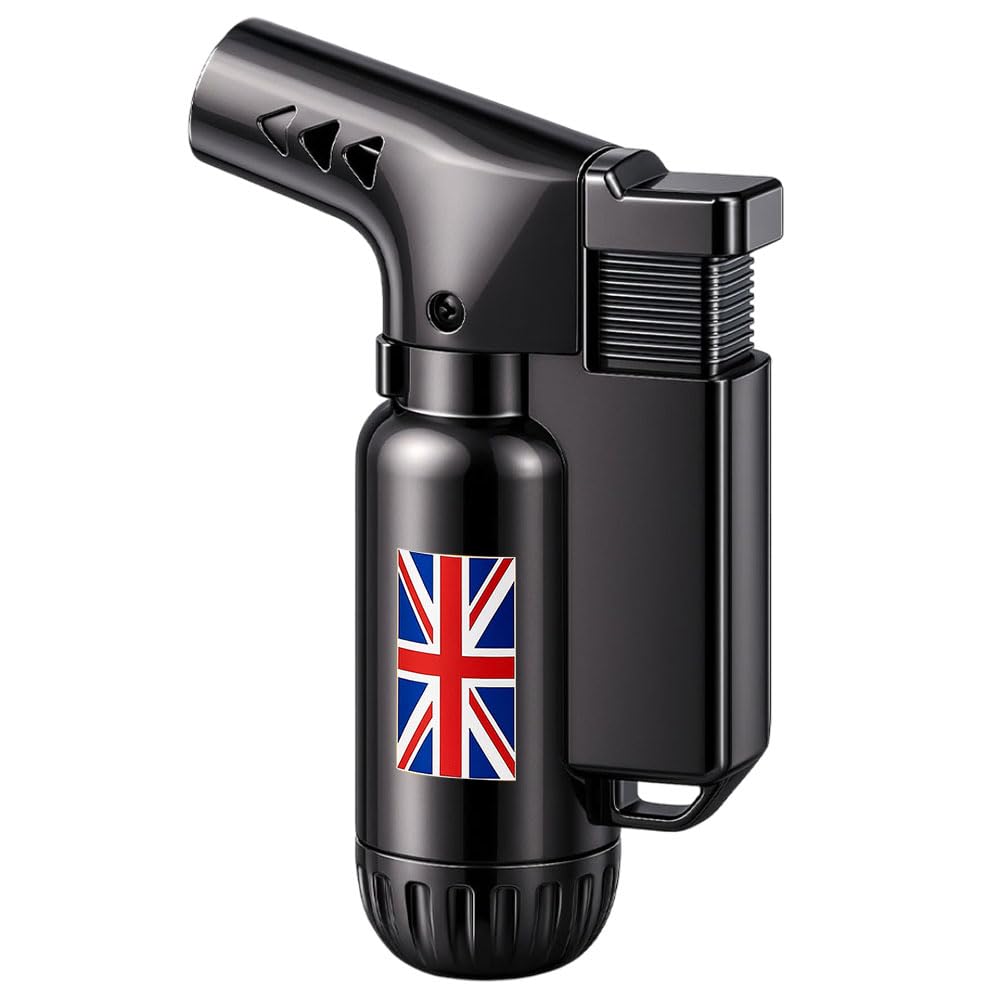 BML Metal Jet Flame Torch Lighter Windproof Refillable Angled Nozzle UK Flag Design Ideal for Home Kitchen and Outdoor Use (Black)