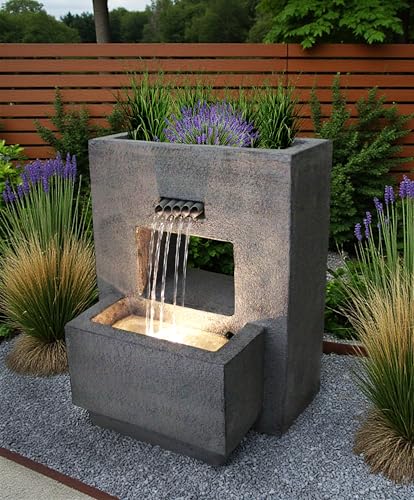 Gartenbrunnen mit Beleuchtung bepflanzbar Betonoptik 57 cm Springbrunnen Wasserspiel warmweiß Kaskade Wasserfall Gartenbrunnen mit Beleuchtung bepflanzbar Betonoptik 57 cm Springbrunnen Wasserspiel warmweiß Kaskade Wasserfall