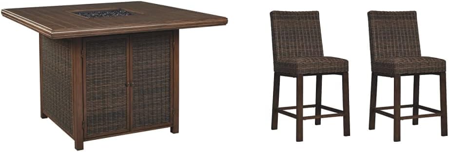 Signature Design by Ashley Paradise Trail Square Bar Table with Fire Pit, Medium Brown & Paradise Trail Outdoor 27.5" Wicker Patio Barstool, 2 Count, Brown : Everything Else