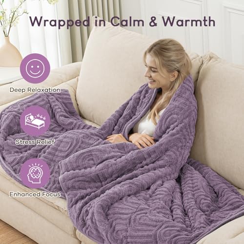 Image of Cottonblue Jacquard Weighted Blanket 15 lbs for Adults Twin Size, Soft Fluffy Sherpa Fleece Weighted Blankets Throw 48 inch x 72 inch for Sleep Relax, Fuzzy Warm Arch Heavy Blanket for Bed Sofa, Purple