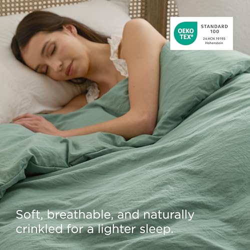 Image of Bedsure Prewashed Sage Green Duvet Cover Queen Only, Cotton-Like Feel | 1 Duvet Cover Only, No Pillow Shams, Ultra Soft, Relaxed Texture, Zipper Closure, 8 Corner Ties, Year-Round, Easy Care