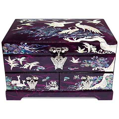 MADDesign Mother of Pearl Lacquered Jewelry Box Two Level Cranes (Purple) Cover