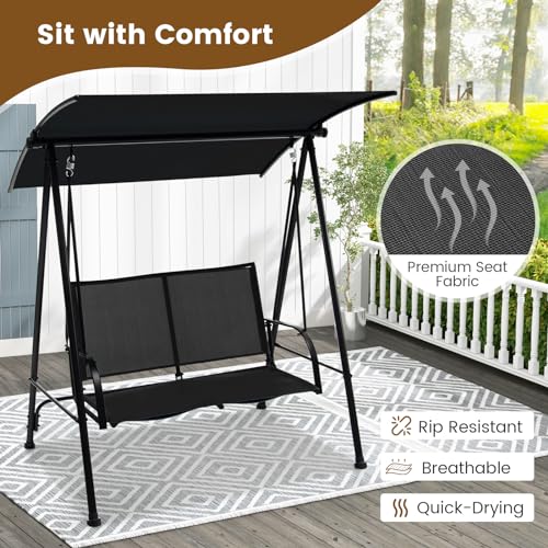 Image of HAPPYGRILL 2-Person Outdoor Swing with Canopy, Patio Porch Swing Chair with Heavy-Duty Metal Frame, Breathable Seat Fabric, Patio Loveseat Swing for Backyard, Balcony, Poolside