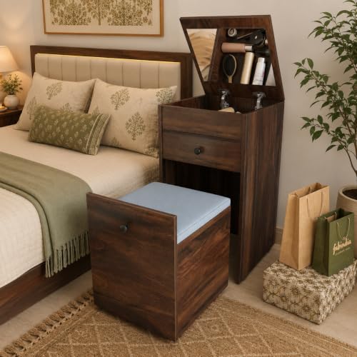 Image of Studio Kook Beleza Dressing Table with Mirror & Seat, Junglewood | Engineered wood dresser with lift-up mirror, drawer and pull-out cushioned storage seat; compact closed size 45 x 45 x 80 cm.