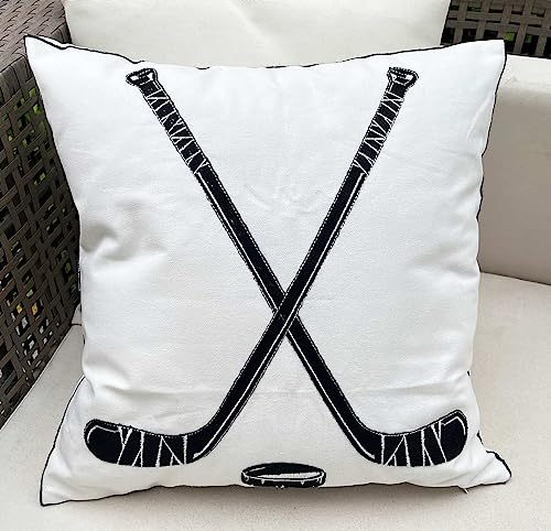 Decopow Embroidered Hockey Throw Pillow Cover,Square 18 Inch Decorative Canvas Pillow Cover For Ice Hockey Room Decor(Cover Only,Hockey Pattern) #TOP2