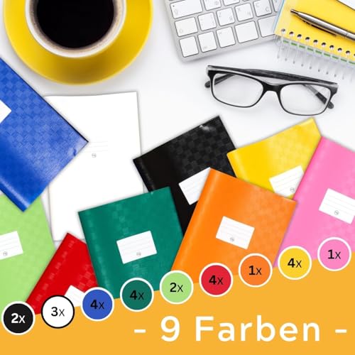 perfect line 25 Bast-Hefthüllen DIN-A4, 9 Farben, Heftumschlag mit Beschriftungsetikett, Heftschoner aus recycelbarem PP, dokumentenecht (1 x 25 Stk.)