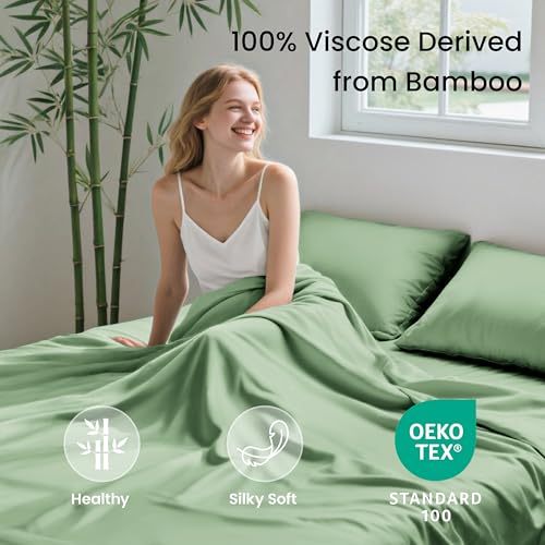 Image of Love's cabin 4 Piece Queen Sheet Set, 100% Rayon Derived from Bamboo, Cooling & Breathable, Soft Silky Deep Pocket up to 16 inch, Hotel Luxury Bedding for Hot Sleepers, Sage Green