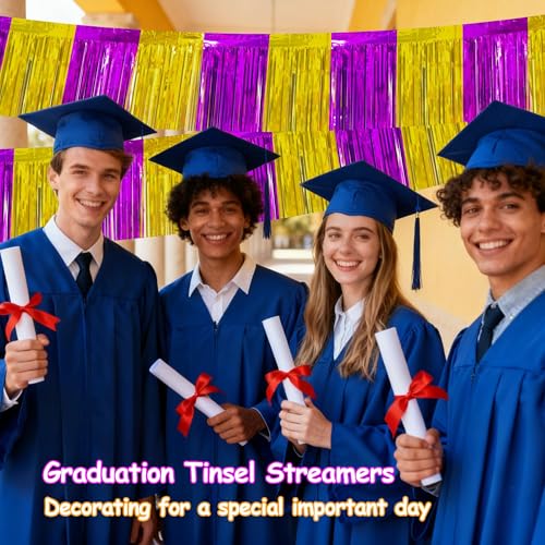 Image of 4 Packs Total 39 Ft Graduation Parade Floats for Trailer Car, Purple Gold Foil Fringe Garland Tinsel Streamers Banner Table Skirts for Graduation Homecoming Birthday Party (Purple Gold)