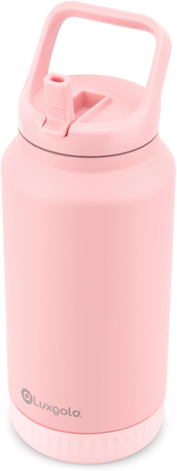 Luxgola 64 oz Insulated Water Bottle, Half Gallon Stainless Steel Vacuum Tumbler with Flip Straw Lid and Top Handle – Keeps Drinks Cold/Hot, Wide Mouth, Leak Proof, BPA-free, Non-slip Base (Pink)
