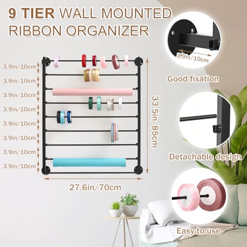 Image of Menkxi 9 Tier Wall Mounted Ribbon Organizer Metal Ribbon Holder Organizer Rack Wrapping Paper Storage for Sewing Craft Mesh Thread Tape Wreath Crochet Craft Room Flower Shop(Black)
