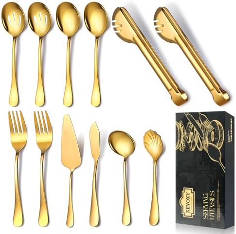Gold Serving Utensils,12 Pcs Stainless Steel Serving Utensil with Serving Spoon,Slotted Spoons,Forks,Soup Ladle,Serving Tongs,Pie Server,Butter Knife Serving Utensils Set for Parties,Buffe