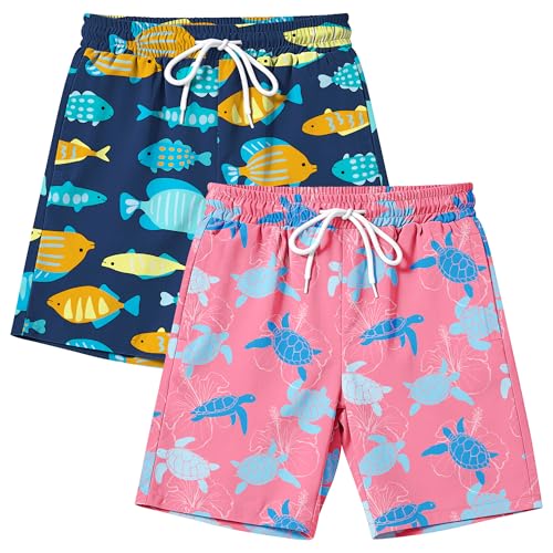 AlisOker 2 Pack Toddler Boys Swim Trunks UPF 50+ Swim Shorts with Mesh Liner Boy Stretch Suit Swimsuit