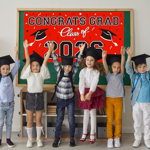 Image of 2026 Graduation Party Plastic Backdrop - 65 inch x 32.7 inch Congrats Grad Banner in Red, Large Class of 2026 Decorations, Photography & Grad Party Supplies