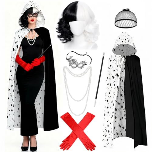 Image of 7 Pcs Cruella Costume Accessories Set for Women, Villain Fancy Dress Kit with Black White Cape Wig Red Gloves Necklace Mask Hair Net Handheld Prop for Adults Carnival Halloween World Book Day