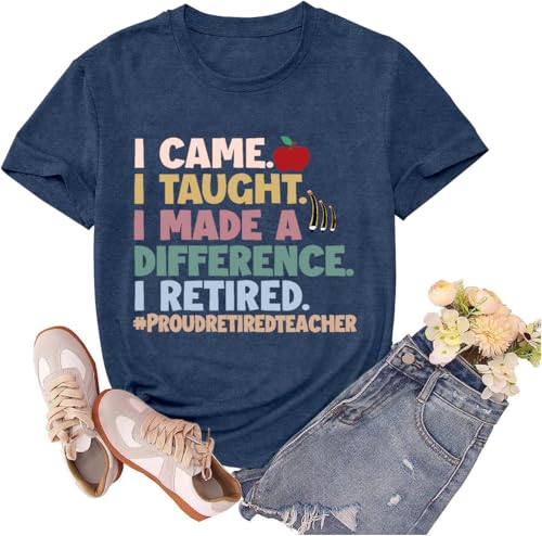 sallrue Teacher Shirt for Women Retired Teacher Crew Tshirts Teaching Retirement Tee Tops
