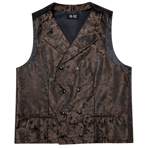 هاي-تي سترة بدلات مزدوجة الصدر للرجال بنمط بيزلي مزهور، صدرية وربطة عنق وربطة عنق وربطة عنق وازرار اكمام ومشبك ربطة عنق، بدلة توكسيدو، 6 قطع، بني داكن مزهور، مقاس M