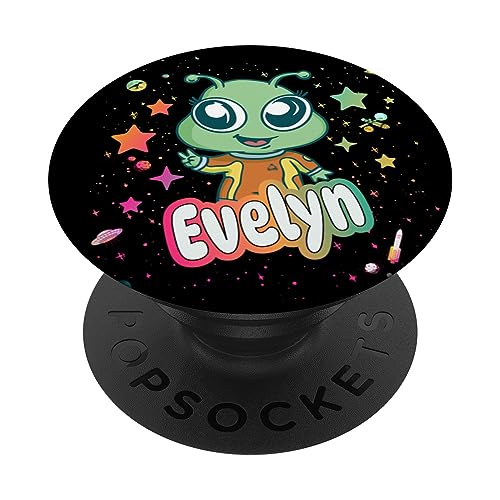 EVELYN - Adorable girl name with cute Alien PopSockets Swappable PopGrip, Black