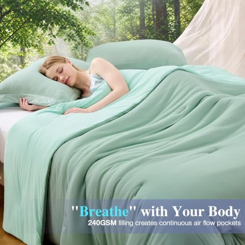 Image of MUXHOMO Cooling Comforter Set Queen Size, Lightweight Summer Comforter for Hot Sleeper, Reversible Bedding with ICY Cooling Surface, Includes 1 Comforter (90 inchx90 inch) and 2 Shams (20 inchx 26 inch), Sage Green