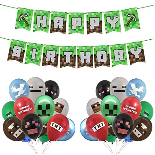 Ouceanwin Fournitures de Fête de Jeu Vidéo Happy Birthday Bannière de Jeu, 24 pcs Ballons de Fête de Jeu Vidéo, Décor de Fête Anniversaire de Thème deJoueur de Mineur pour Enfants Garçons Cover