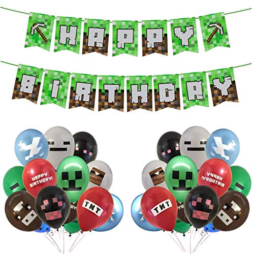 Ouceanwin Articoli per Feste per Videogiochi, Banner Happy Birthday Striscioni di Gioco, 24 Palloncini per Videogiochi, Forniture per Feste a Tema Feste di Compleanno Bambini Ragazzi