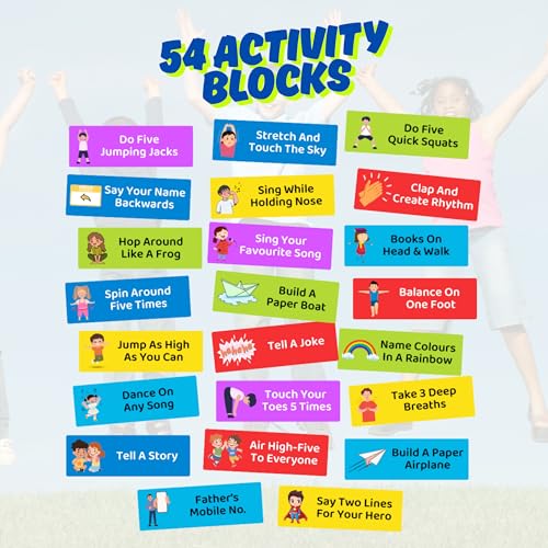 Image of Colorful Kids Activity Tower Blocks Wooden Game with Dice - Fun Stacking Blocks with Fitness, Yoga & Activity Challenges - Educational Family Game for Kids & Adults, Party & Group Bonding Toy
