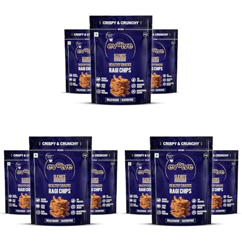 Image of Evolve Ragi Chips Healthy Snack for Kids, Adults | Gluten Free, Vegan, No Artificial Color or Sugar, Millet Blend, Ideal for Weight Loss - 100g Pack of 9