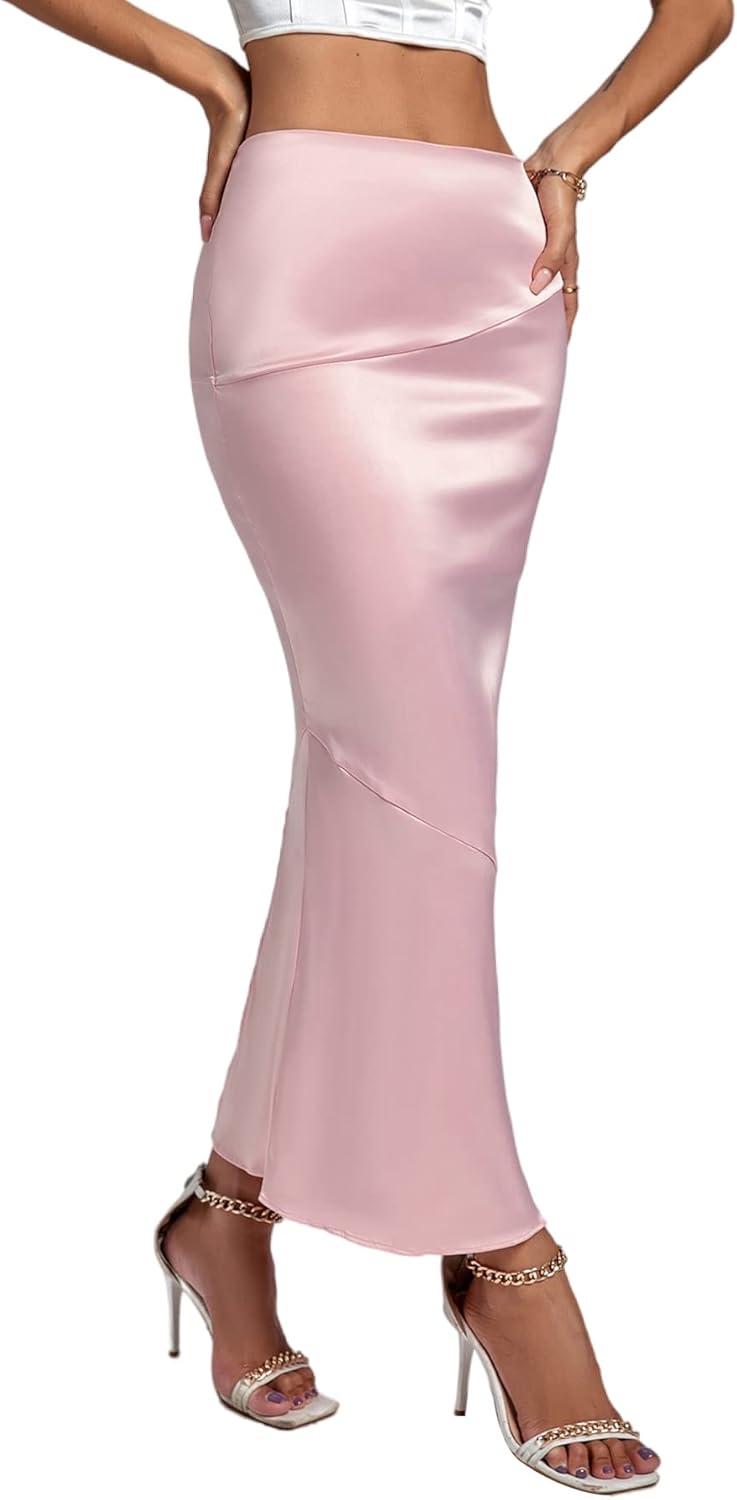 Rooscier Women's Satin Silk Bodycon Split Back High Waist Elegant Club Maxi Skirt - Image 3