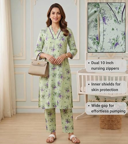 Image of DUMMY SHAPE Maternity Dresses for Women Cotton | Floral Kurta Pant Dupatta Set with Nursing Zippers, Side Pocket | Pre & Post Pregnancy | Feeding Kurti Suit | Baby Shower | Gifts for Pregnant Woman