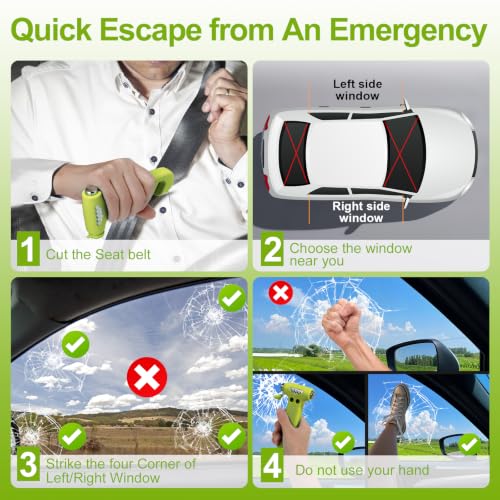 Image of Window Breaker, 3-in-1 Emergency Escape Tool with Car Safety Hammer and Seat Belt Cutter, Safety Emergency Car Tool for Car, Office, Home, Green