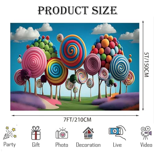 3D Candyland Birthday Background Cartoon Candy Lollipop Colorful Mountain Fantasy Wonderland Sweet Cute for Kids Girls 1st One Birthday Background Cake Smash Decor Backdrop (7x5feet) by JICONEE - Used condition - Image 4