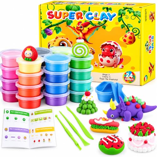 Clayo-24 Colors Air Dry Soft Clay Set with Tools & Idea Book, Non-Toxic DIY Craft Dough for Boys & Girls, Educational Sensory Toys & Birthday Gift
