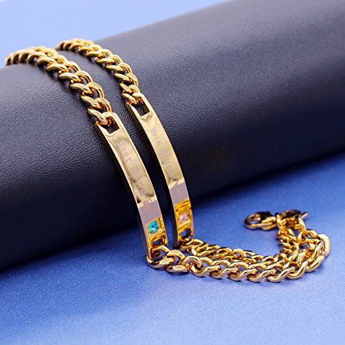Uloveido Gold Plated Cool Titanium Cuban Chain Bracelet Set With Pink Blue Cubic Zirconia - Charm His And Hers Matching Bracelets For Couples Sn123 (Gold Couples Bracelets/King Queen) #TOP2