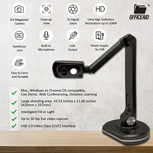 Light Compact High Definition 8MP USB Document Camera for laptop Built-in Microphone Mac Windows Chromebook OS Compatible for Live Demo Doc Camera for online teaching Distance Learning Remote Teaching