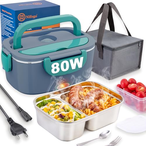 Nifogo Electric Lunch Box for Adults 80W Heated Lunch Boxes for Men 1.5l Dual-Compartment Electric Lunch Box Portable 12/24/110V Heating Lunchbox for Work/Car/Truck with Insulated Bag(Blue)